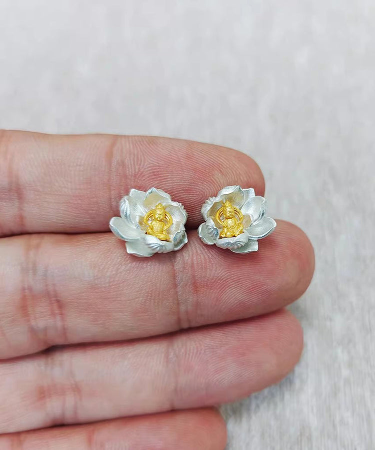 Original Design Silk Lotus Sees Buddha Silver Stud Earrings - Omychic
