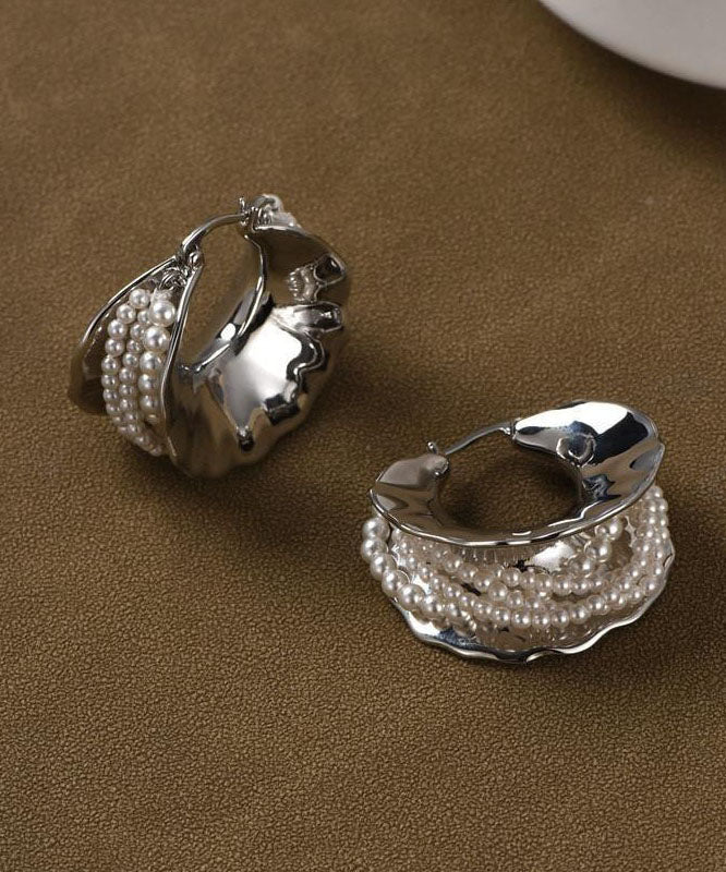 Original Design Silk Metal Pearl Hoop Earrings