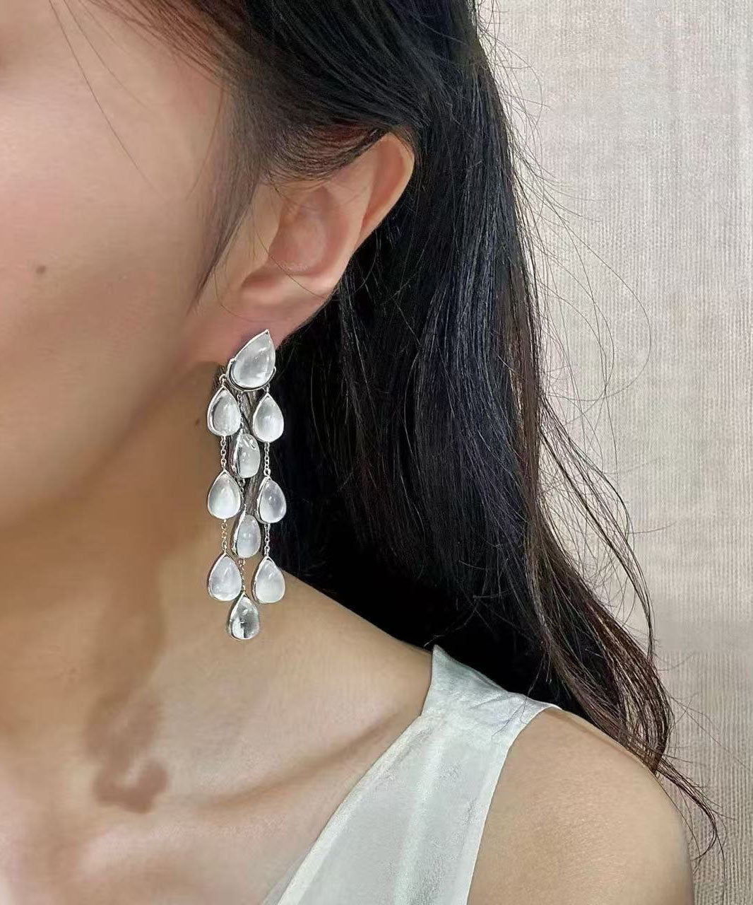 Original Design Silk Sterling Silver Crystal Pearl Tassel Drop Earrings