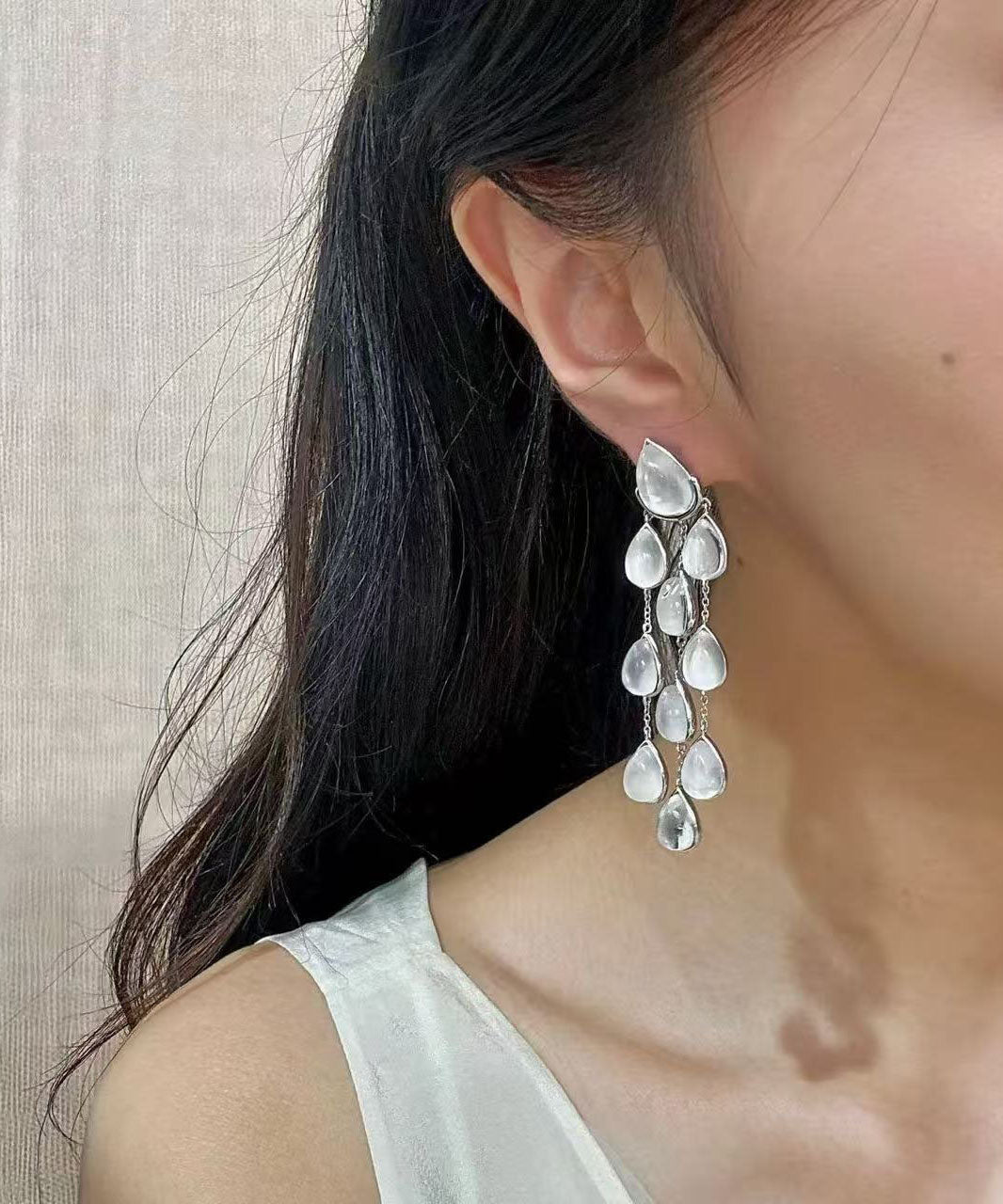 Original Design Silk Sterling Silver Crystal Pearl Tassel Drop Earrings