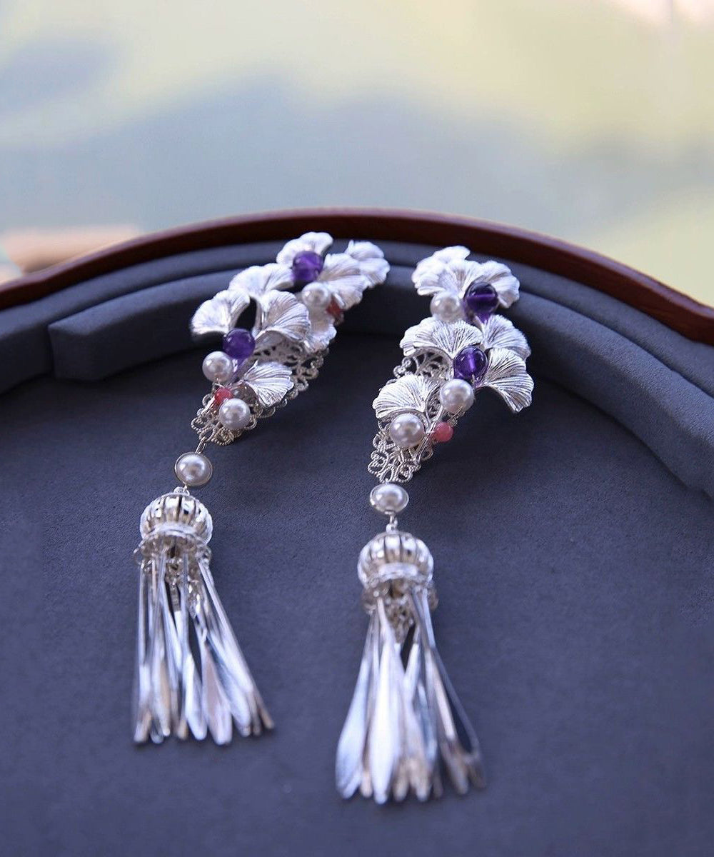 Original Design Silk Sterling Silver Ginkgo Tassel Hairpin