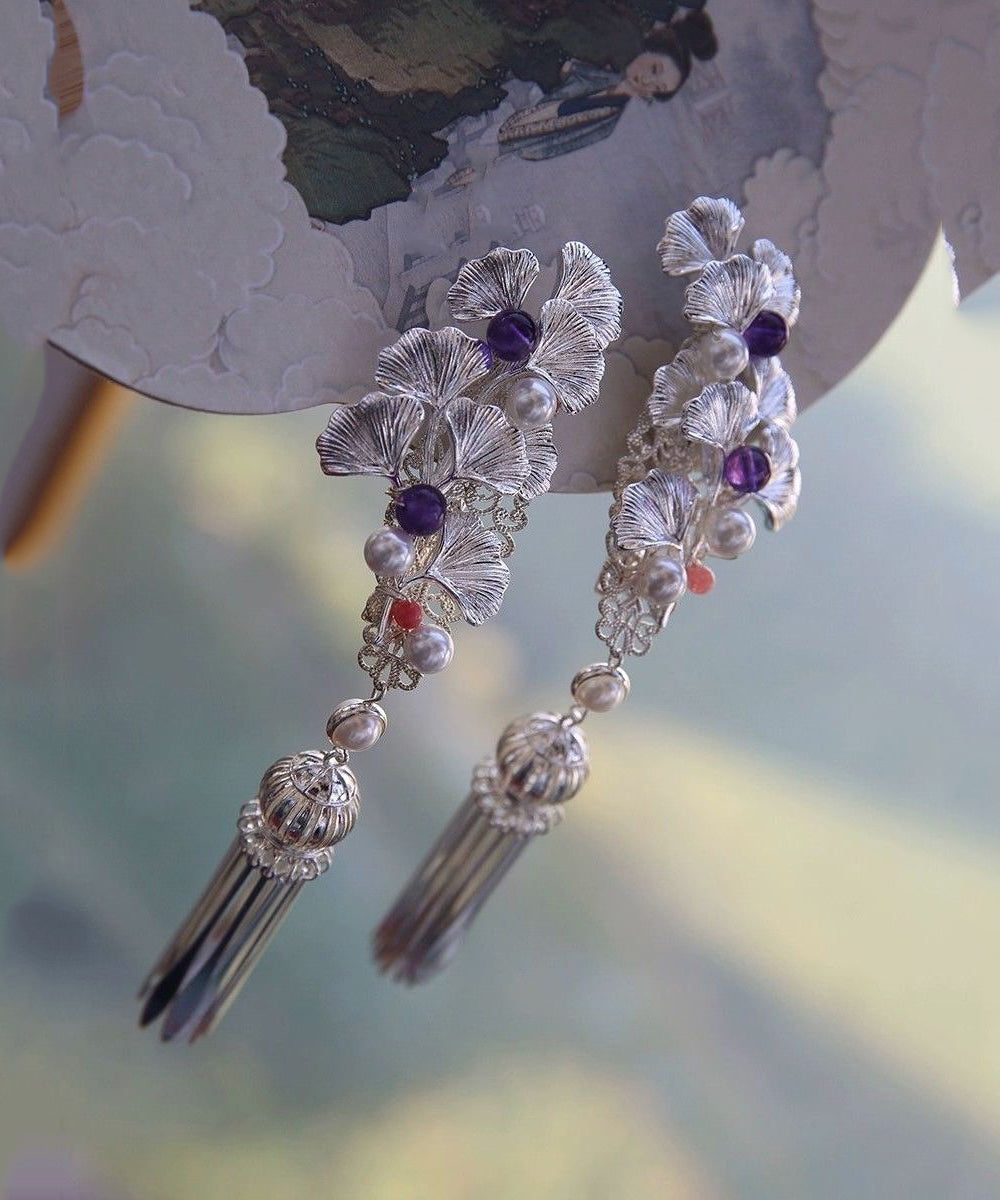 Original Design Silk Sterling Silver Ginkgo Tassel Hairpin