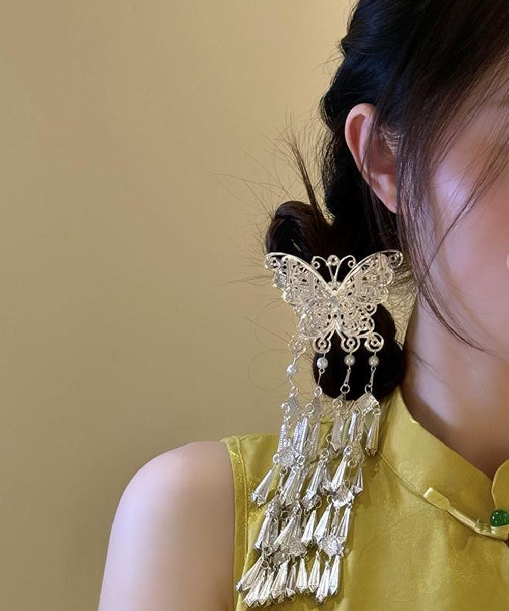 Original Design Silk Sterling Silver Pearl Butterfly Tassel Hairpin