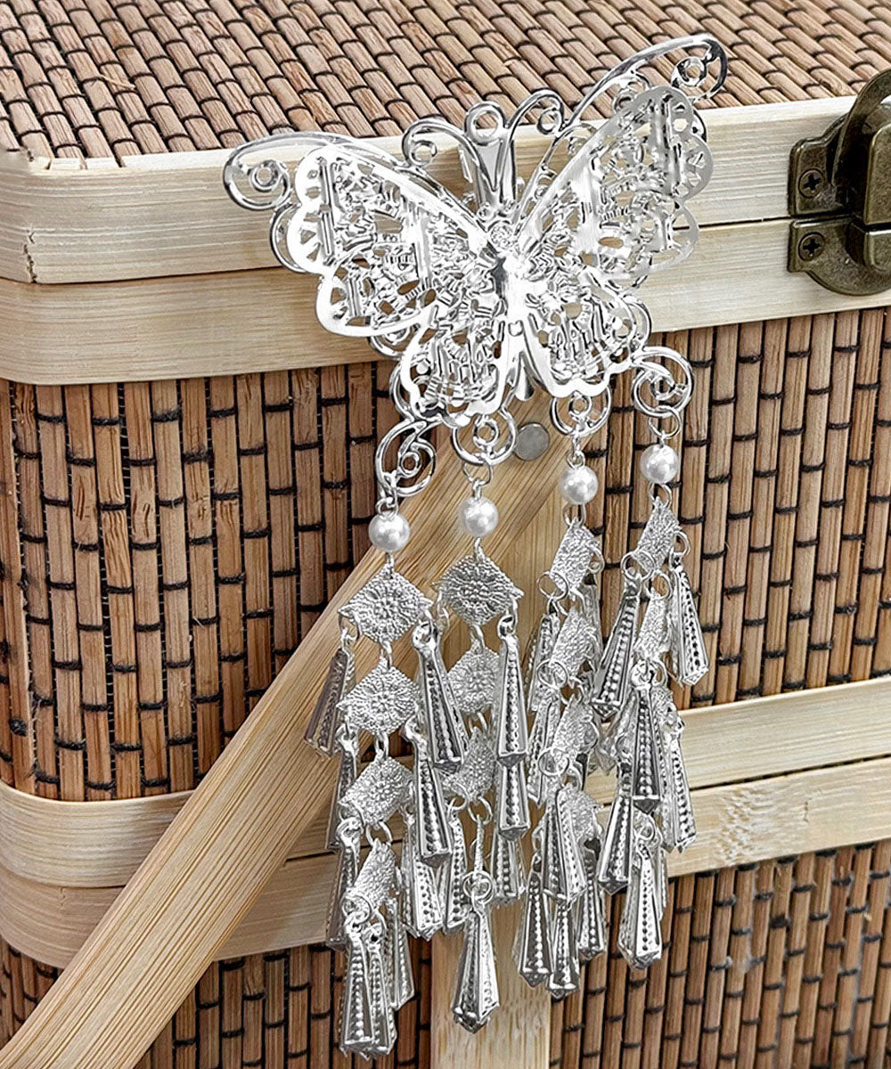 Original Design Silk Sterling Silver Pearl Butterfly Tassel Hairpin