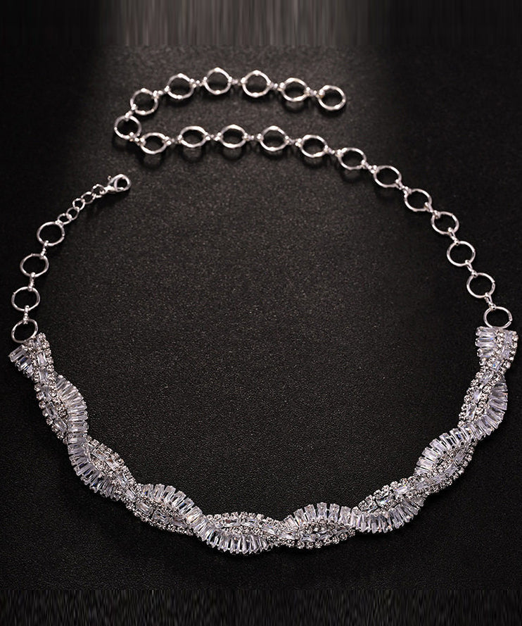 Original Design Silvery Zircon Crossover Design Collar Necklace - Omychic
