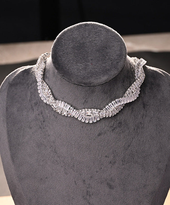 Original Design Silvery Zircon Crossover Design Collar Necklace - Omychic