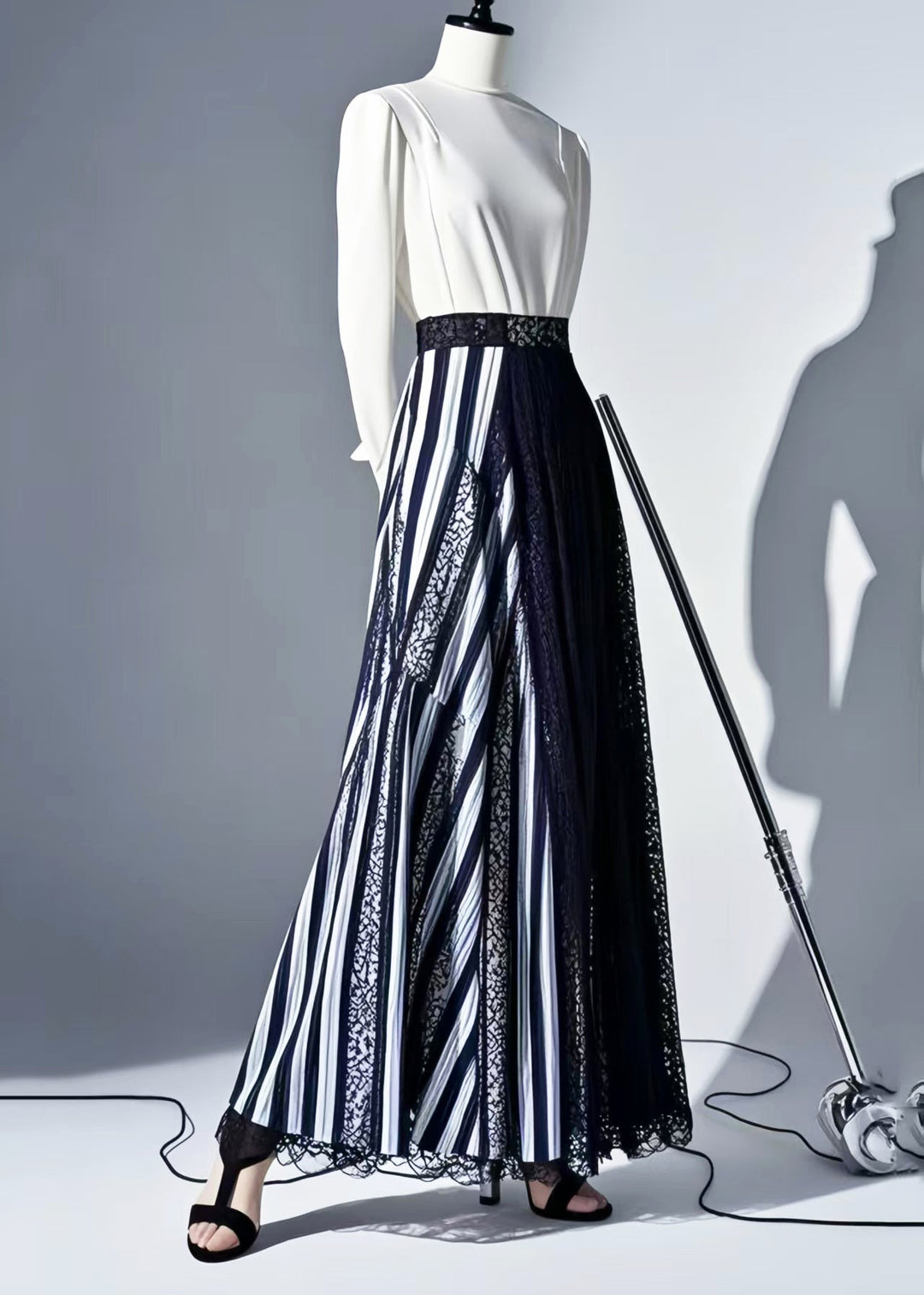 Original Design Striped Asymmetrical Patchwork Lace Skirt Summer