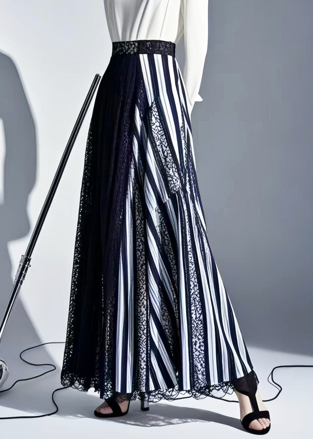 Original Design Striped Asymmetrical Patchwork Lace Skirt Summer