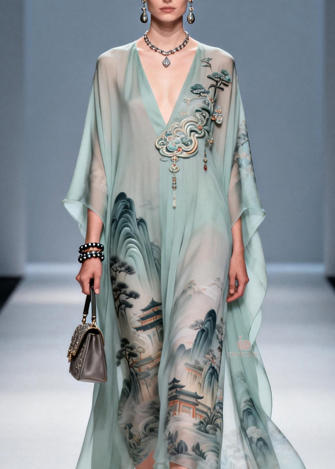 Original Design V Neck Print Chiffon Maxi Dress Summer