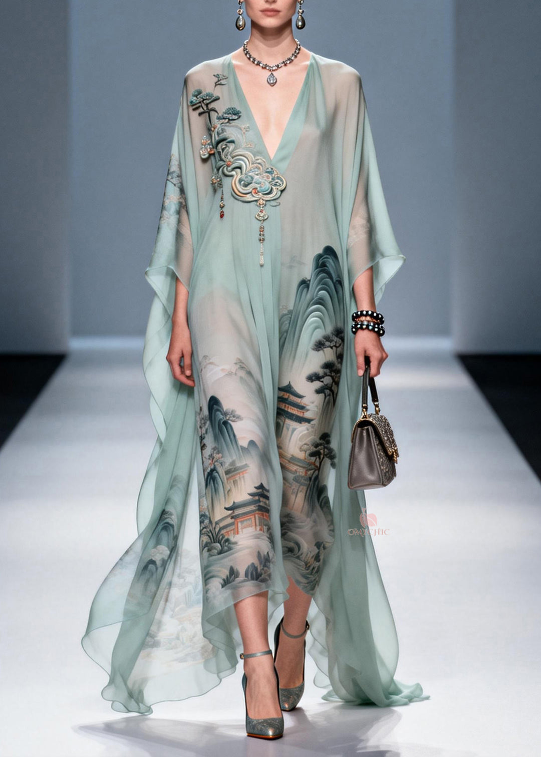 Original Design V Neck Print Chiffon Maxi Dress Summer