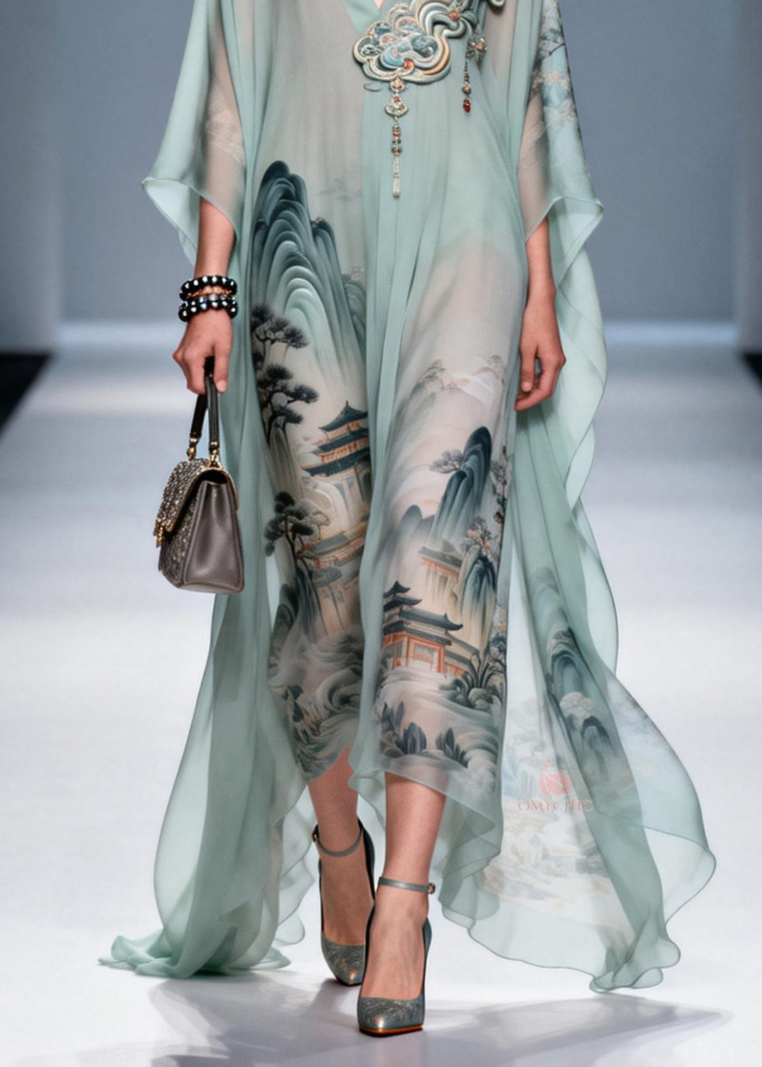Original Design V Neck Print Chiffon Maxi Dress Summer