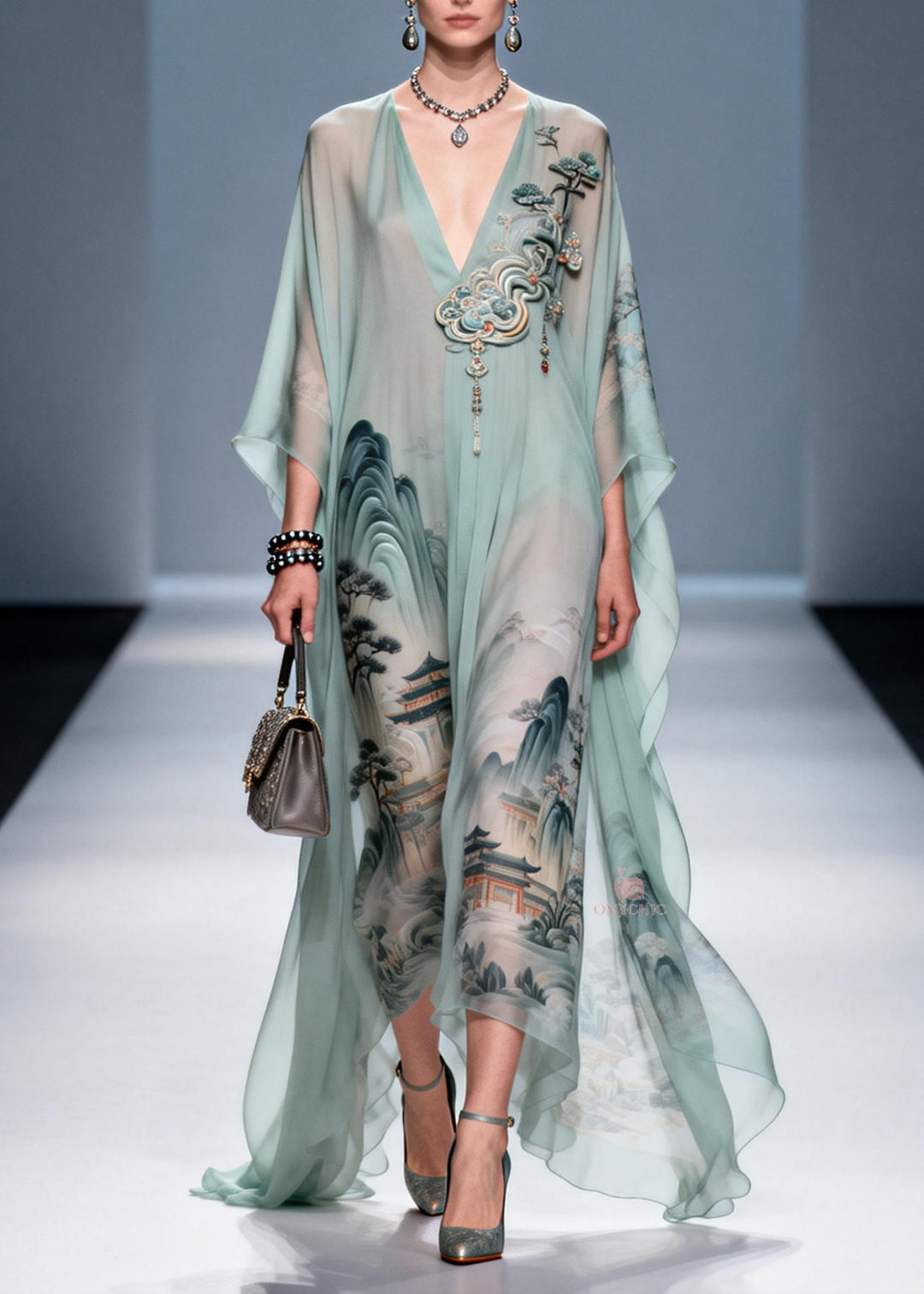 Original Design V Neck Print Chiffon Maxi Dress Summer