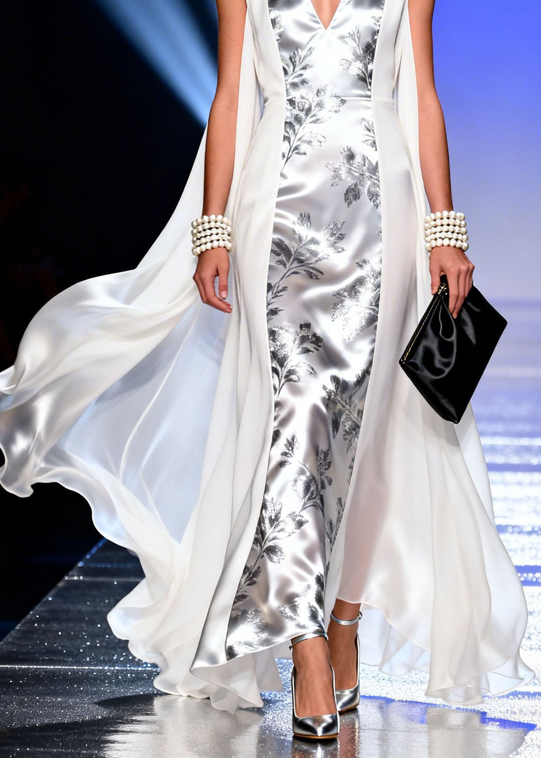 Original Design V Neck Print Patchwork Silk Long Dress Sleeveless