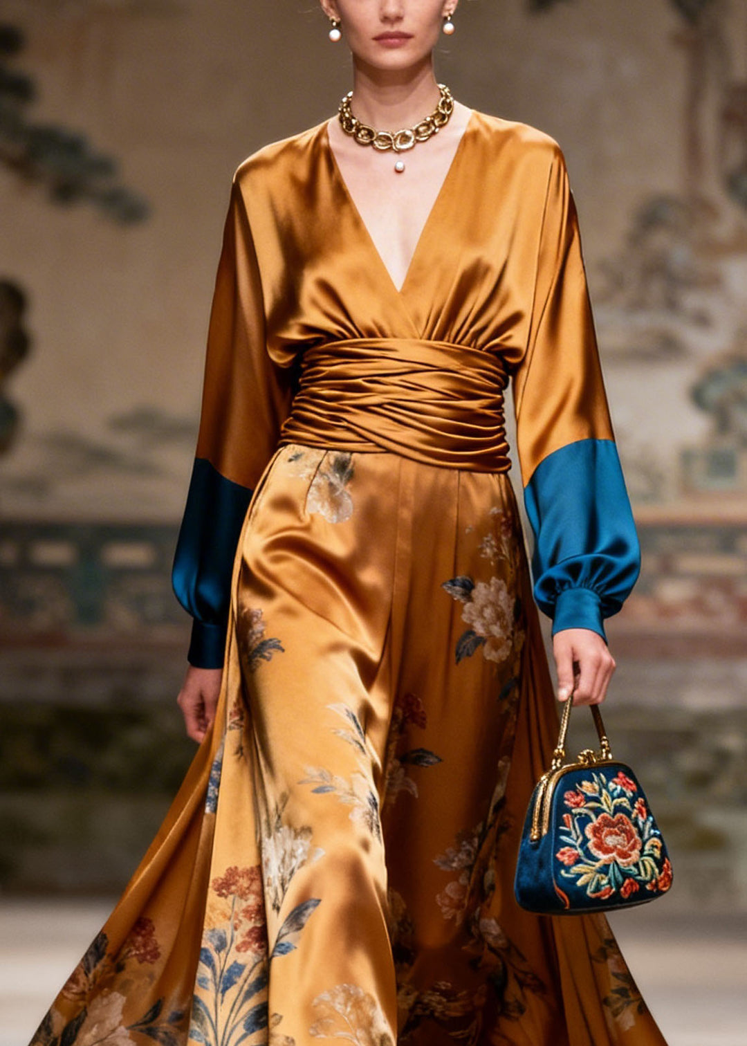 Original Design V Neck Print Patchwork Silk Long Dress
