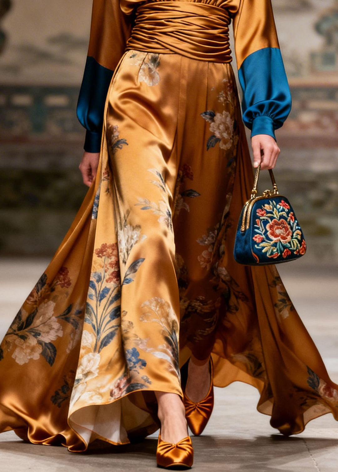 Original Design V Neck Print Patchwork Silk Long Dress