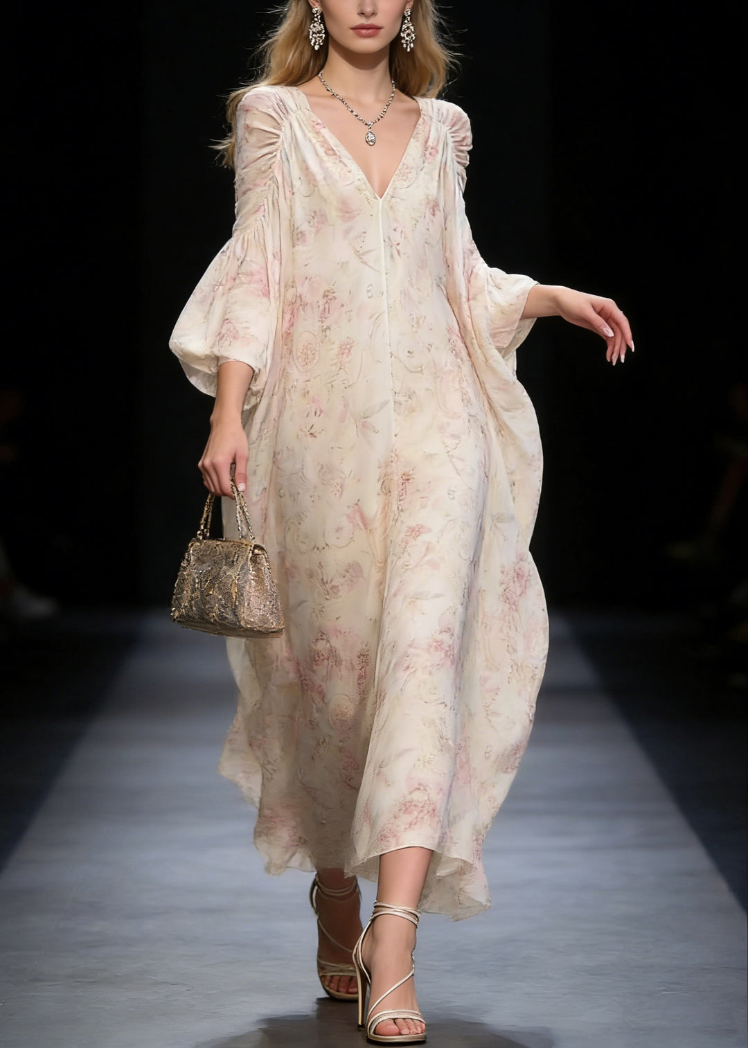 Original Design V Neck Print Wrinkled Chiffon Long Dress Spring