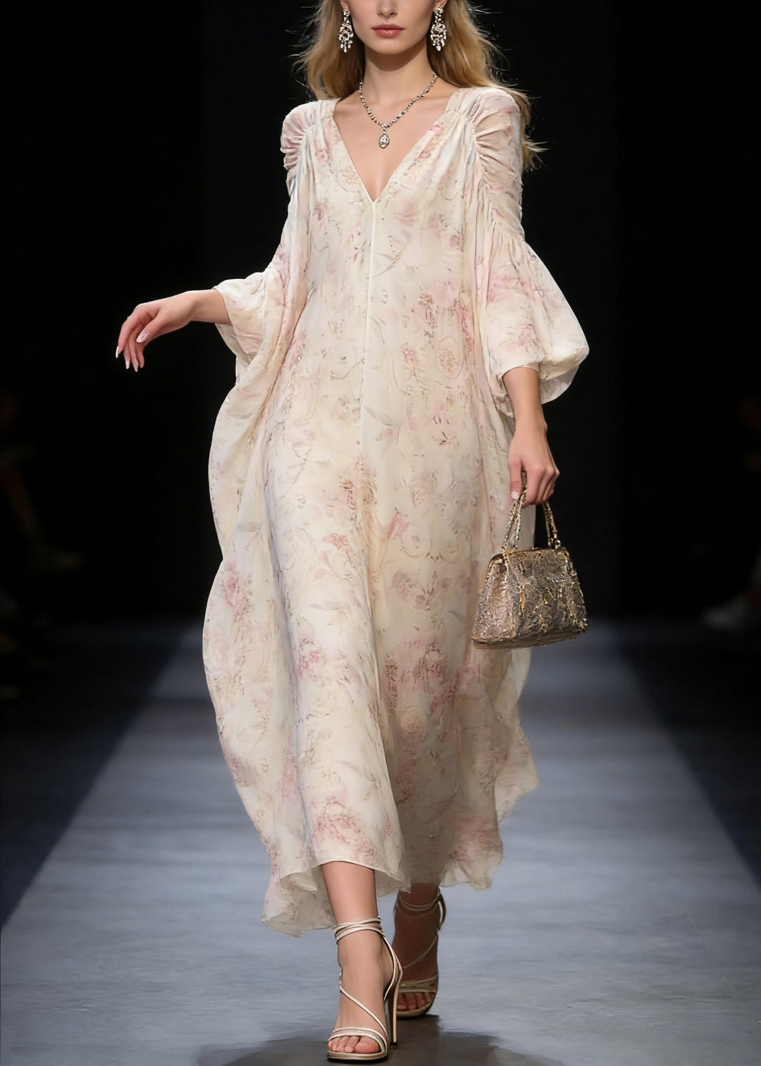 Original Design V Neck Print Wrinkled Chiffon Long Dress Spring