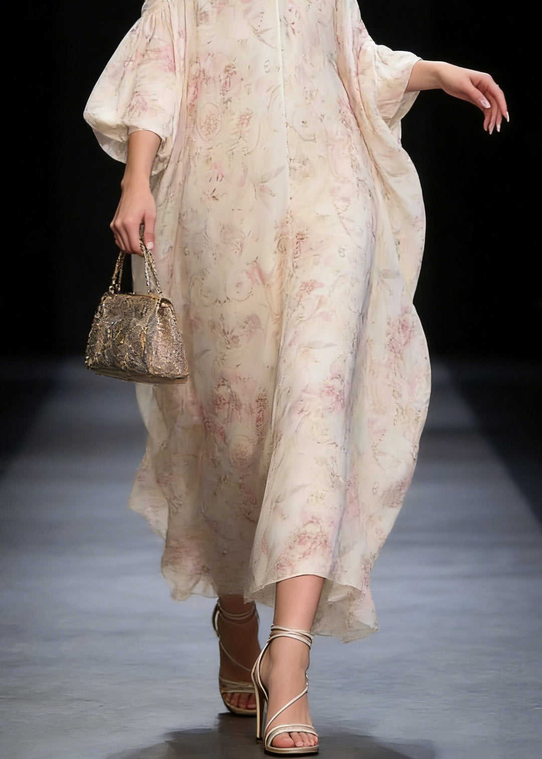 Original Design V Neck Print Wrinkled Chiffon Long Dress Spring