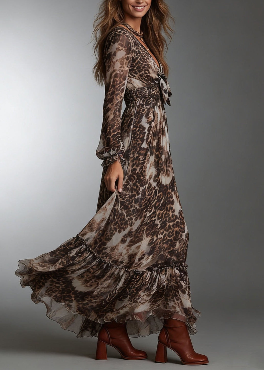 Original Design V Neck Ruffled Print Chiffon Dresses Summer
