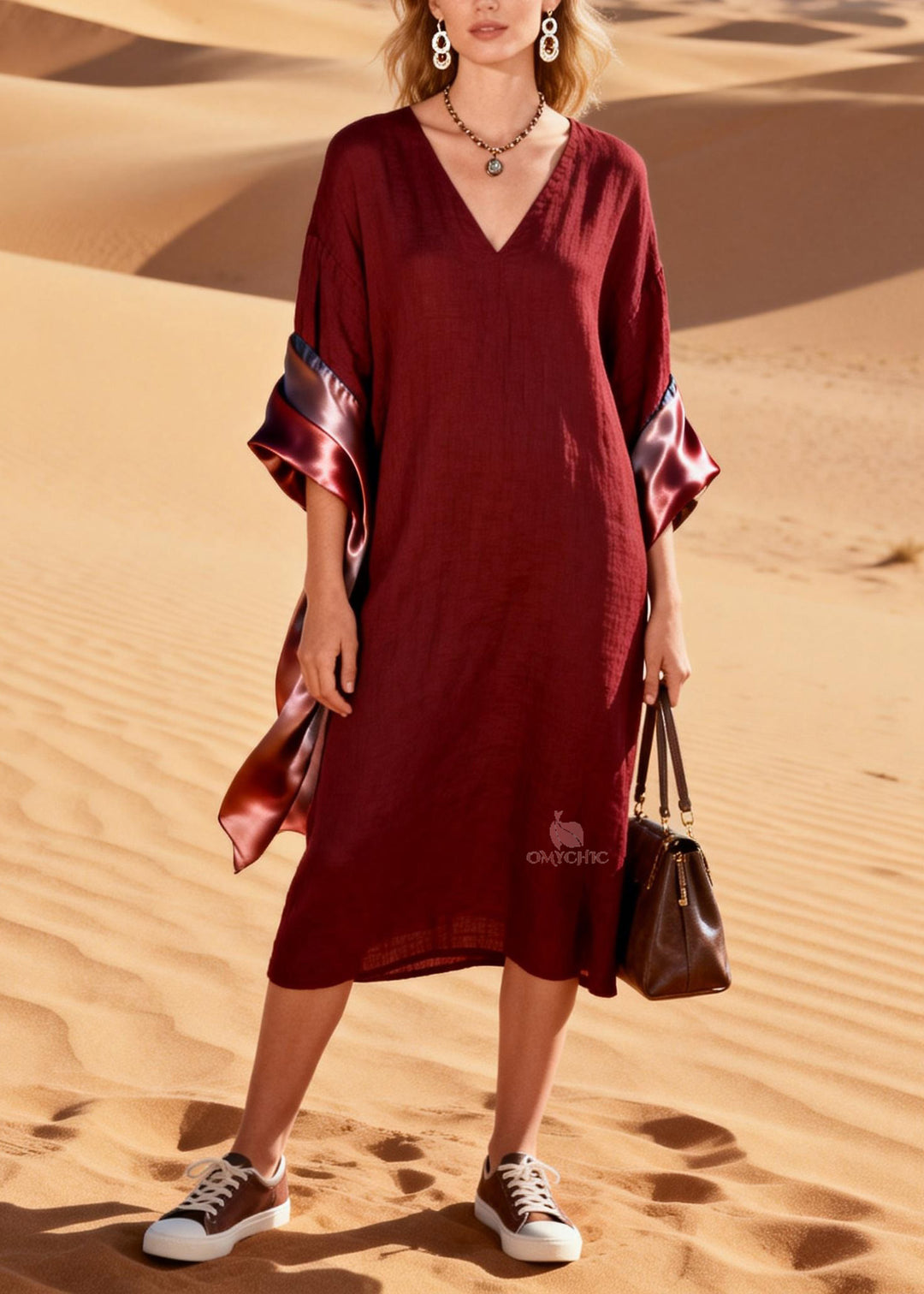 Original Design V Neck Silk Patchwork Linen Dress Summer