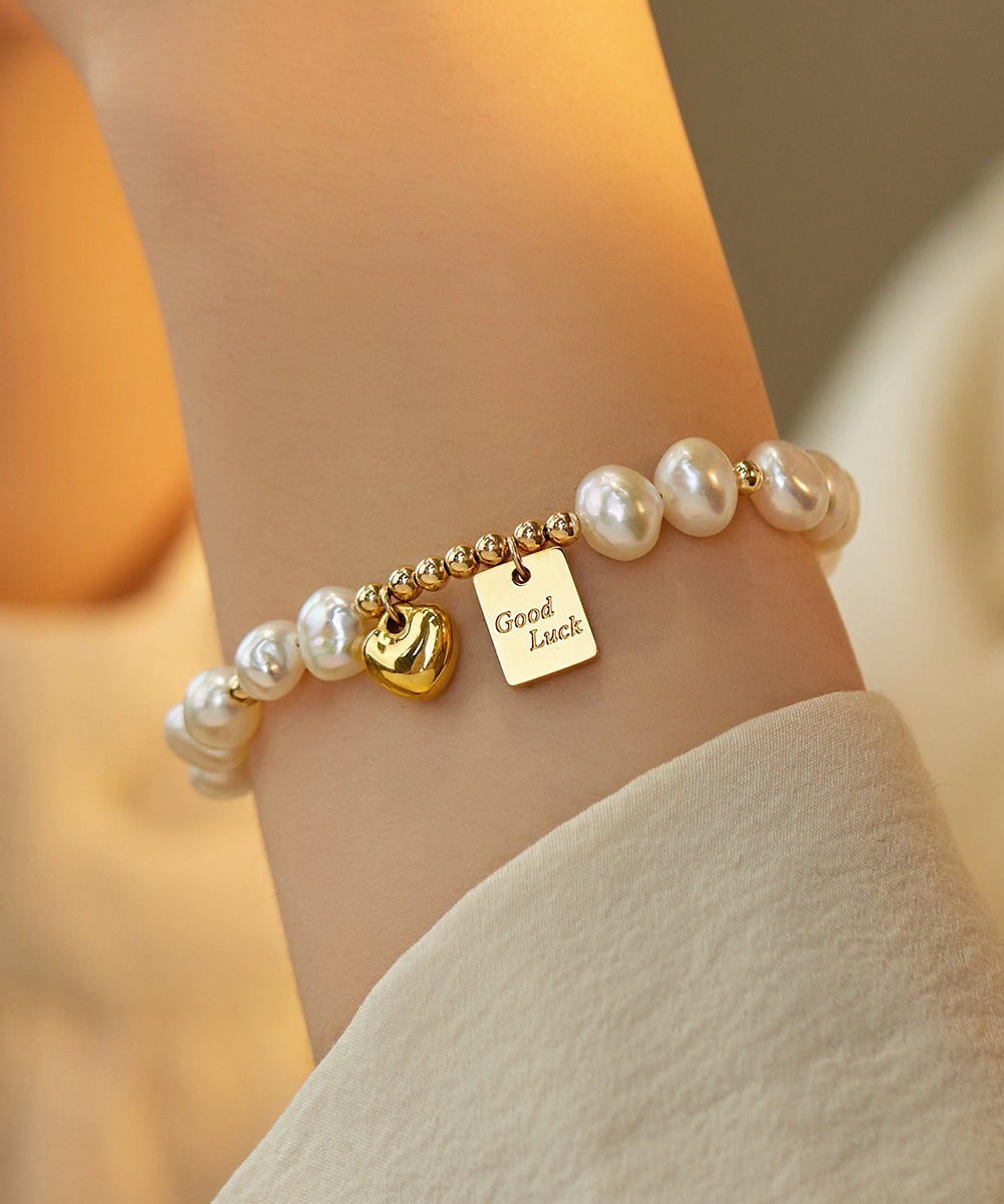 Original Design White Alloy Pearl Love Tassel Charm Bracelet - Omychic