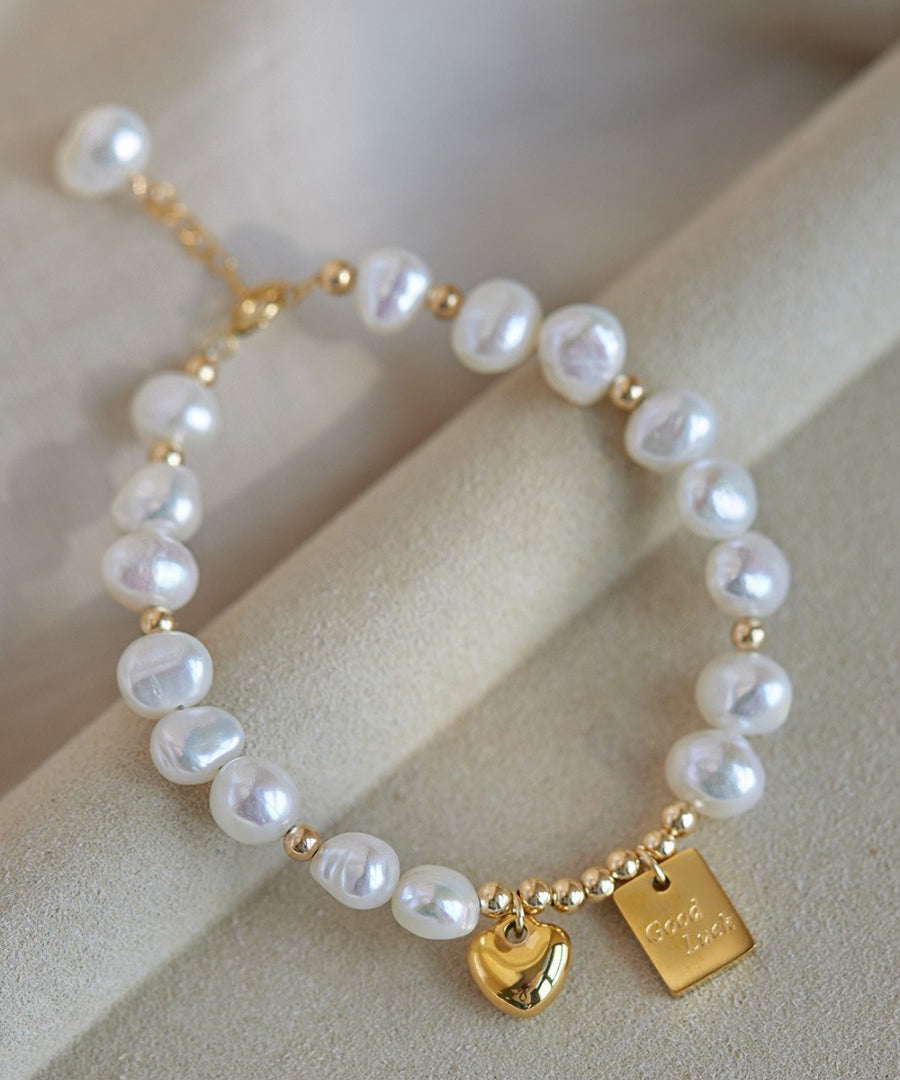 Original Design White Alloy Pearl Love Tassel Charm Bracelet - Omychic