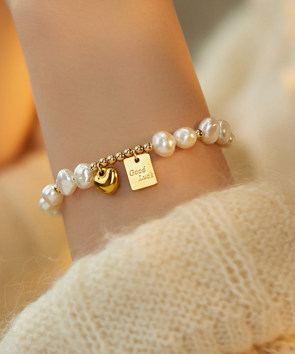 Original Design White Alloy Pearl Love Tassel Charm Bracelet - Omychic