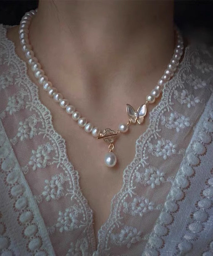 Original Design White Alloy Zircon Pearl Butterfly Pendant Necklace