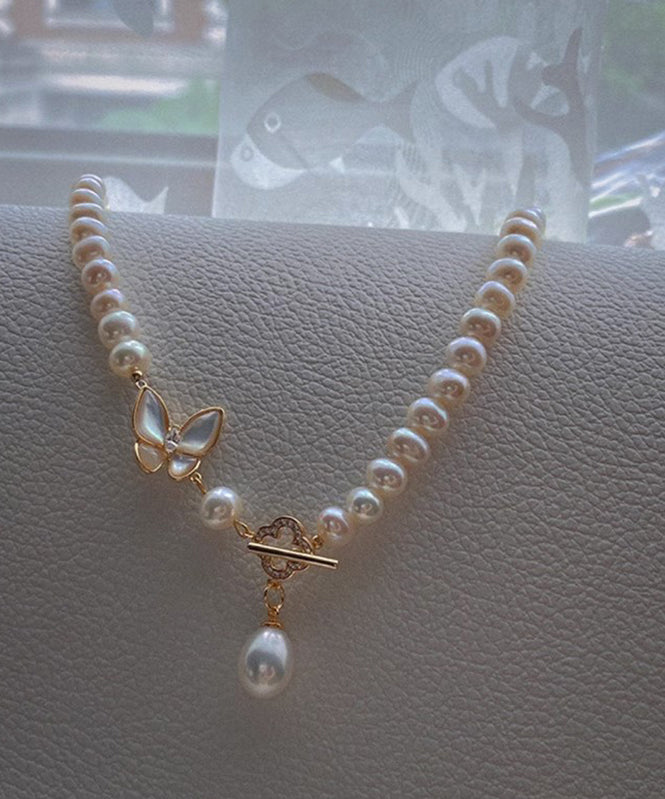 Original Design White Alloy Zircon Pearl Butterfly Pendant Necklace