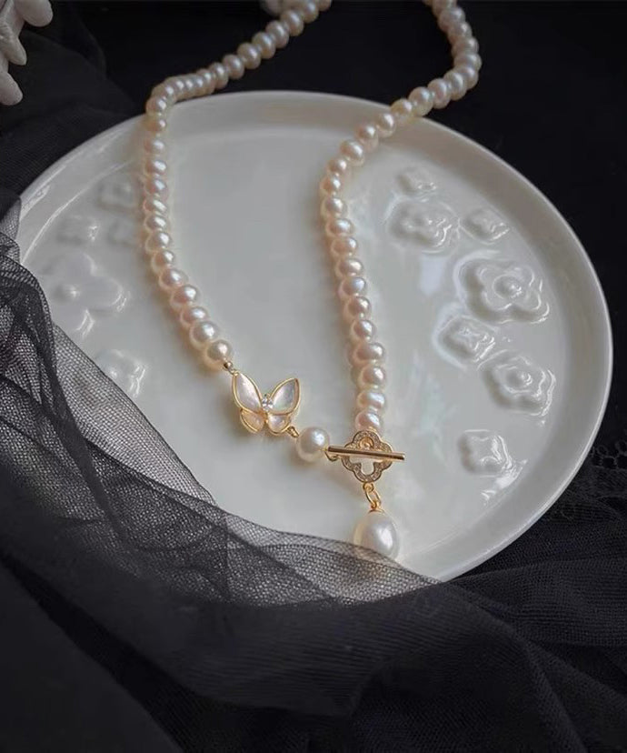 Original Design White Alloy Zircon Pearl Butterfly Pendant Necklace