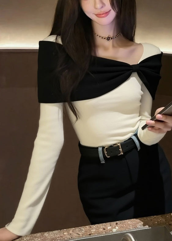 Original Design White Bow Patchwork Knit Sweater Winter