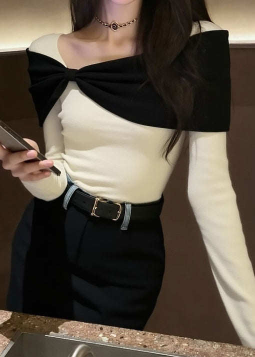 Original Design White Bow Patchwork Knit Sweater Winter