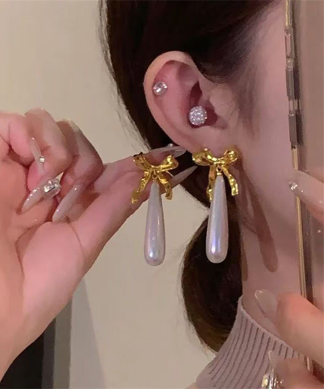 Original Design White Copper Overgild Bow Pearl Water Droplet Drop Earrings