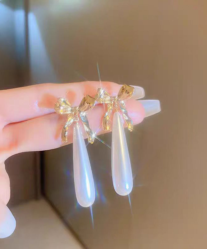 Original Design White Copper Overgild Bow Pearl Water Droplet Drop Earrings