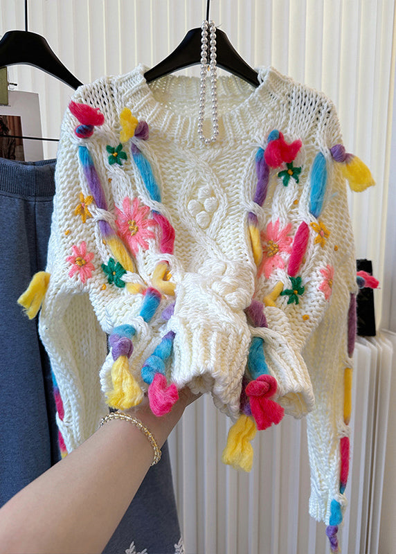 Original Design White Embroidered Cable Knit Sweaters Winter