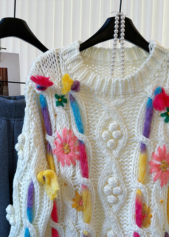 Original Design White Embroidered Cable Knit Sweaters Winter