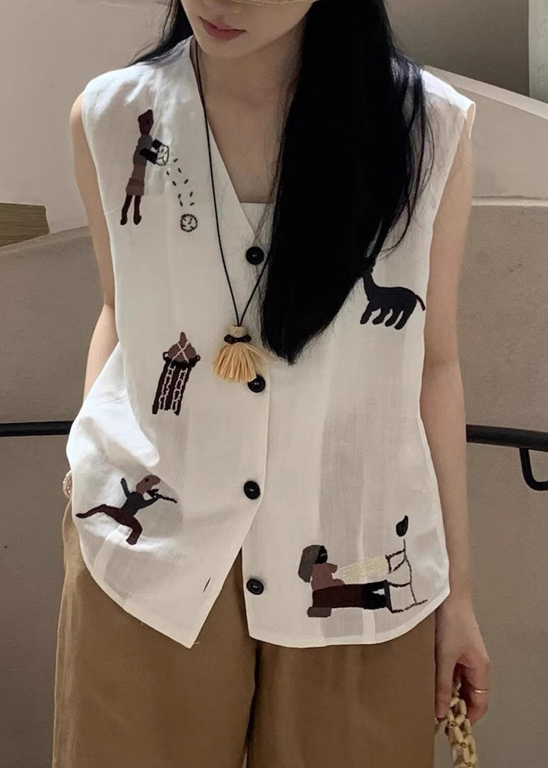 Original Design White Embroideried Button Cotton Tops Sleeveless