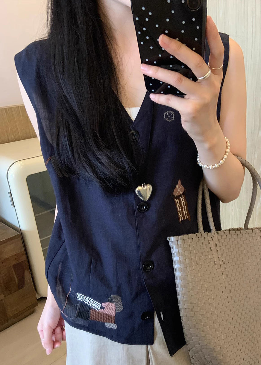 Original Design White Embroideried Button Cotton Tops Sleeveless