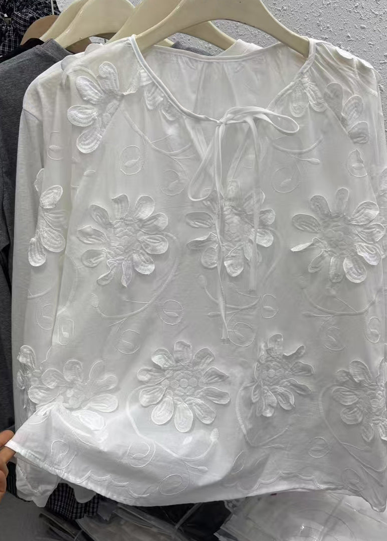 Original Design White O-Neck Floral Top Fall