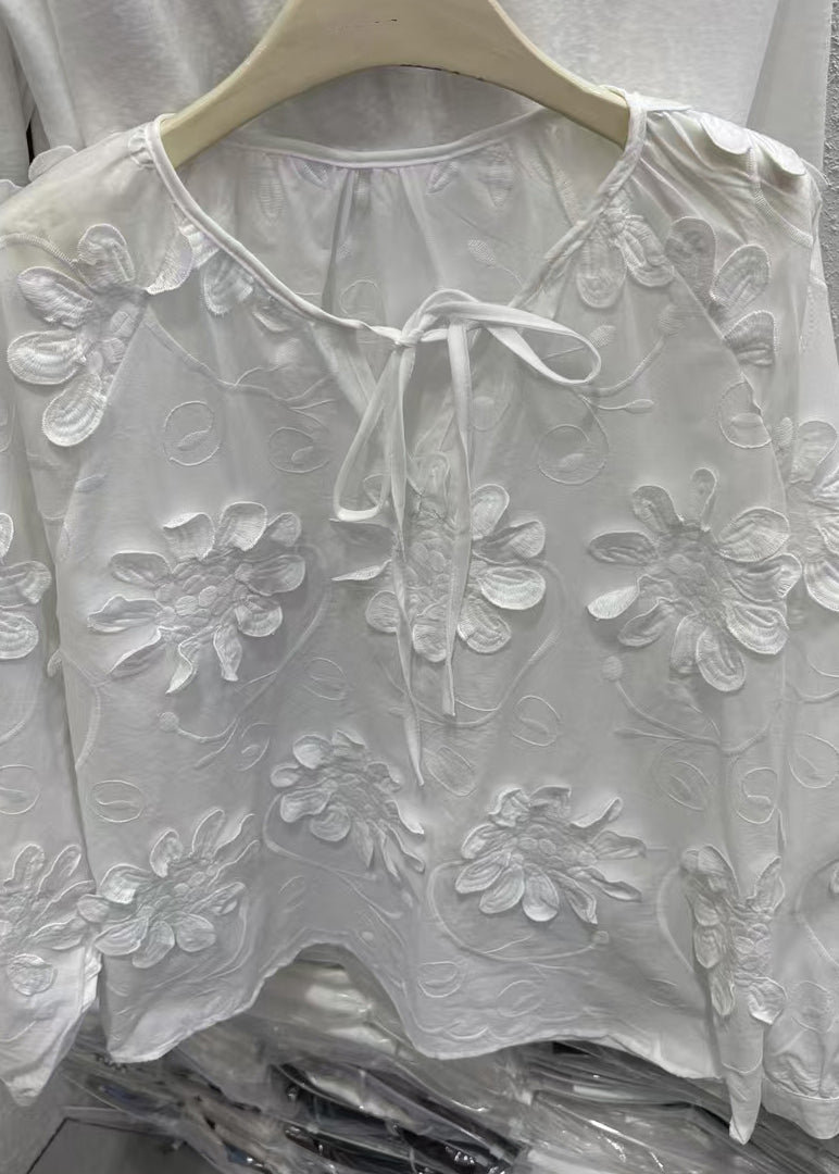 Original Design White O-Neck Floral Top Fall