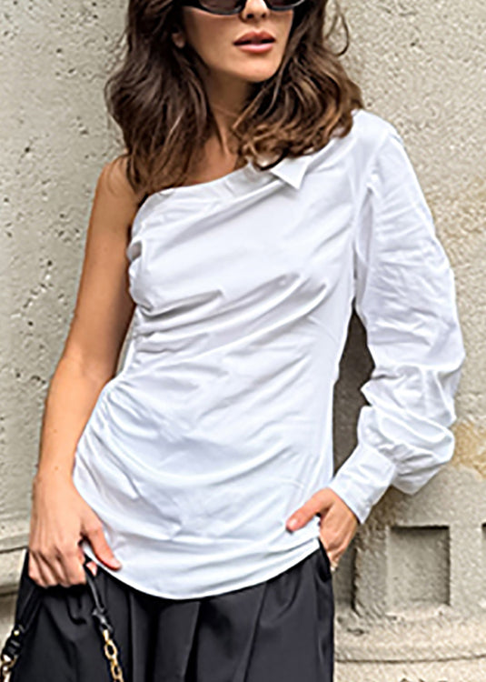 Original Design White One-Shoulder Solid Cotton Shirt Fall