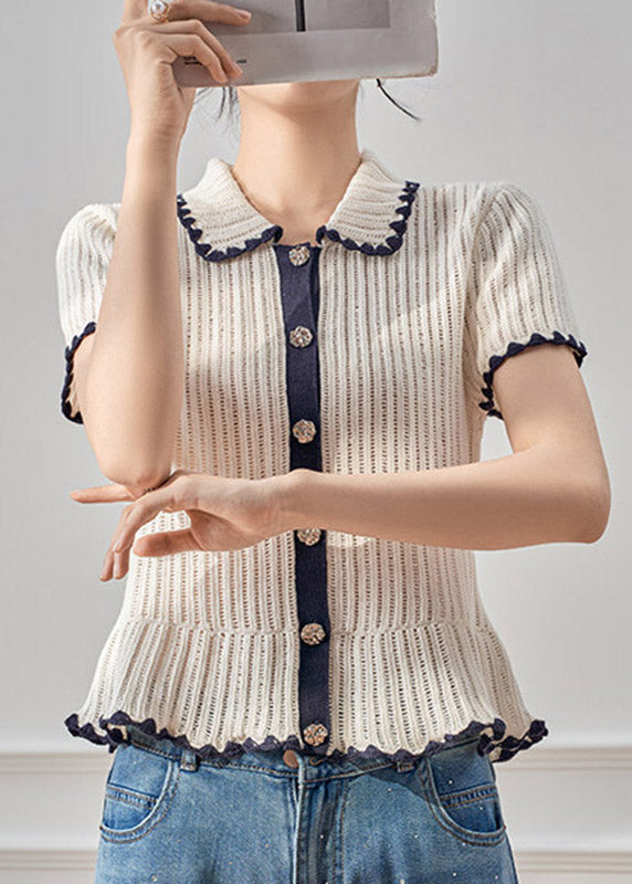 Original Design White Peter Pan Collar Patchwork Knit Top Short Sleeve