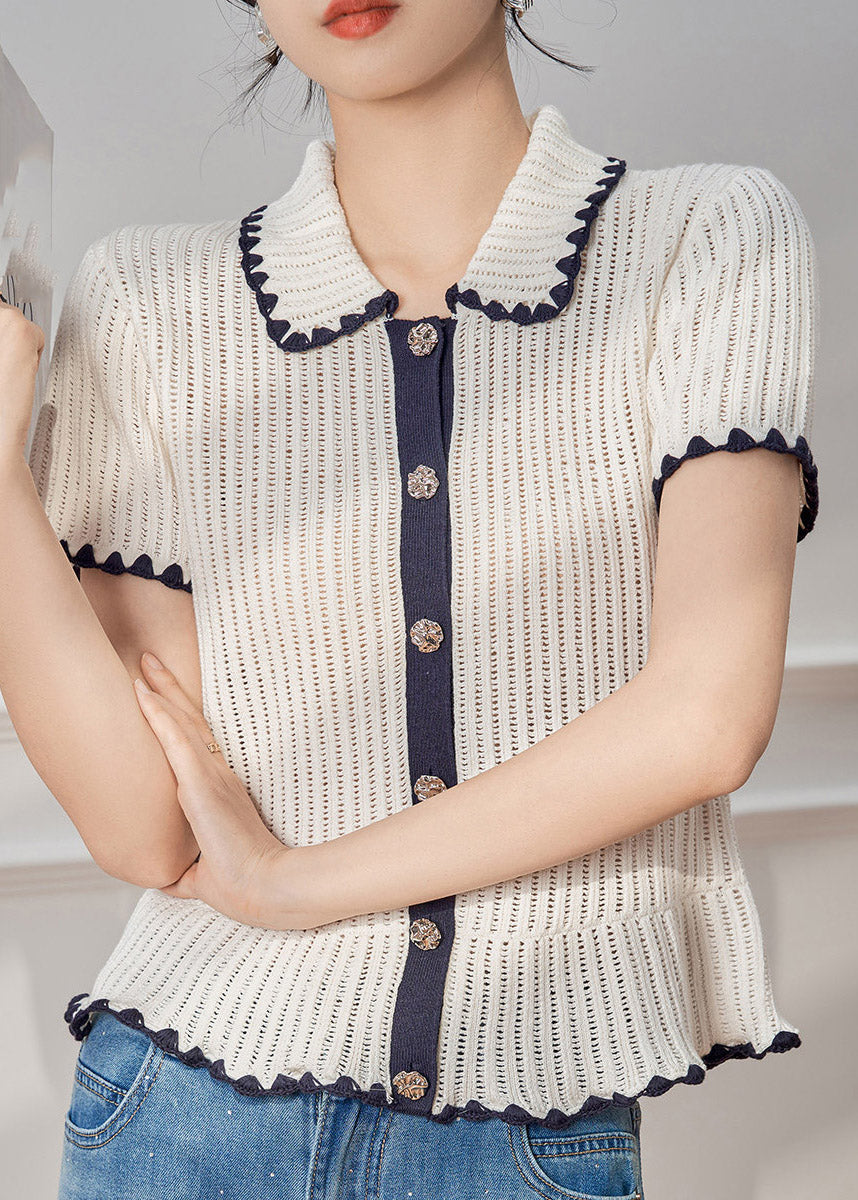 Original Design White Peter Pan Collar Patchwork Knit Top Short Sleeve