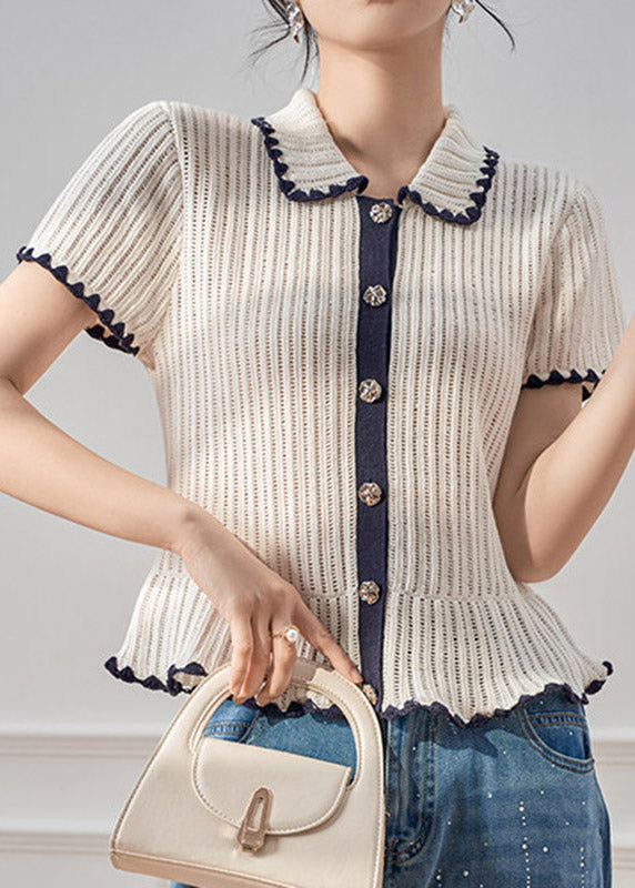 Original Design White Peter Pan Collar Patchwork Knit Top Short Sleeve