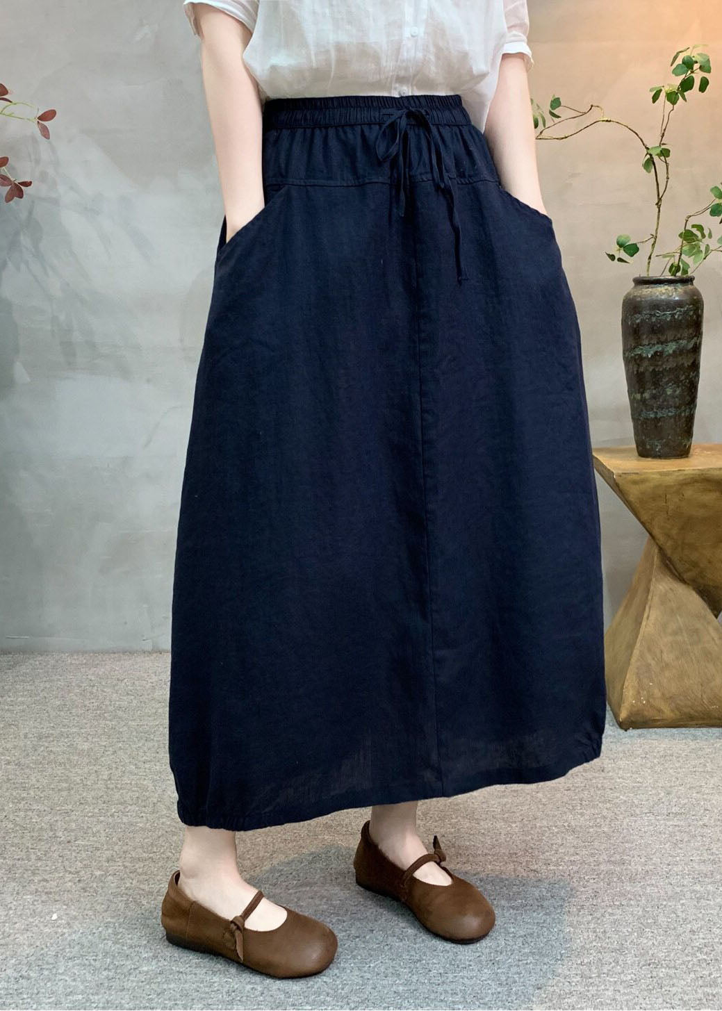 Original Design White Pockets Patchwork Linen Skirts Summer