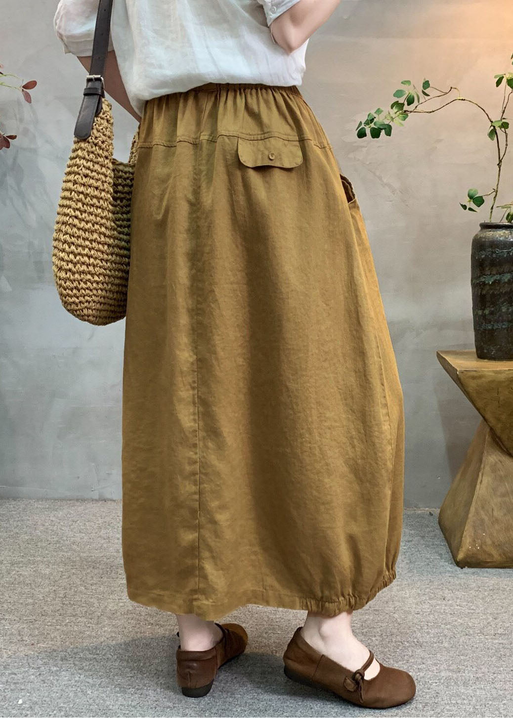 Original Design White Pockets Patchwork Linen Skirts Summer
