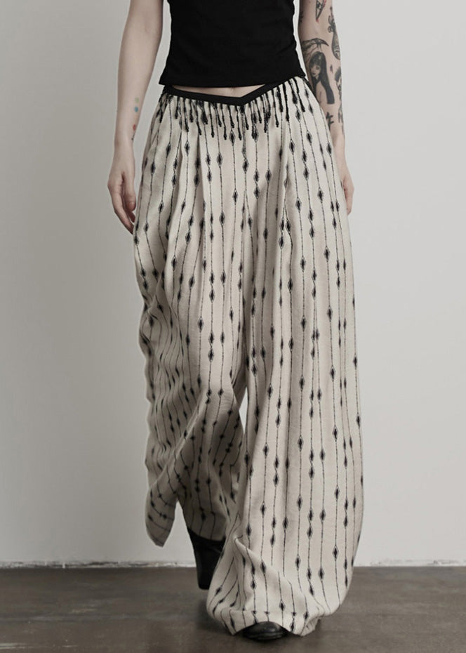Original Design White Print Pockets Patchwork Thin Cotton Pants Summer