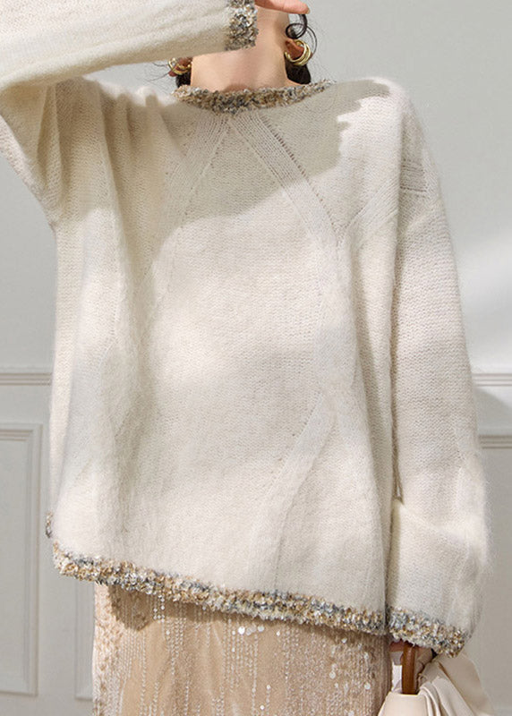 Original Design White Sequins Patchwork Cozy Cotton Knit Sweater Fall