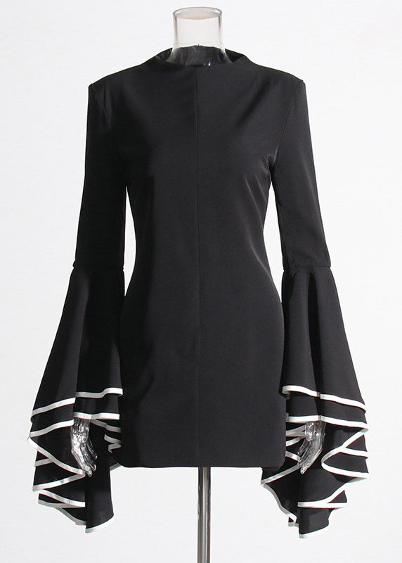 Original Design White Stand Collar Patchwork Vacation Mid Dresses Petal Sleeve