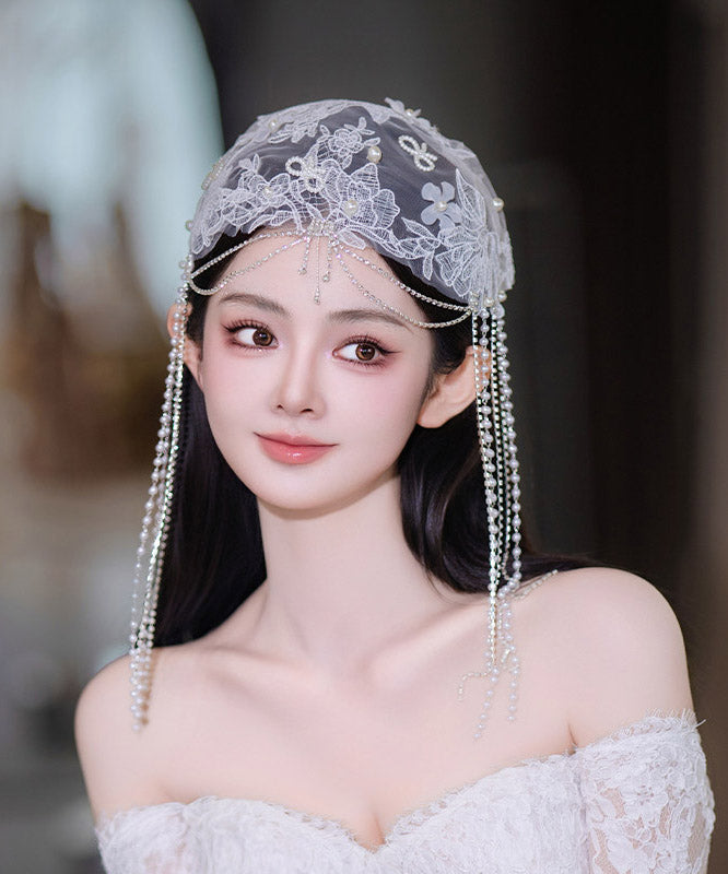 Original Design White Tulle Patchwork Lace Floral Pearl Tassel HairPiece